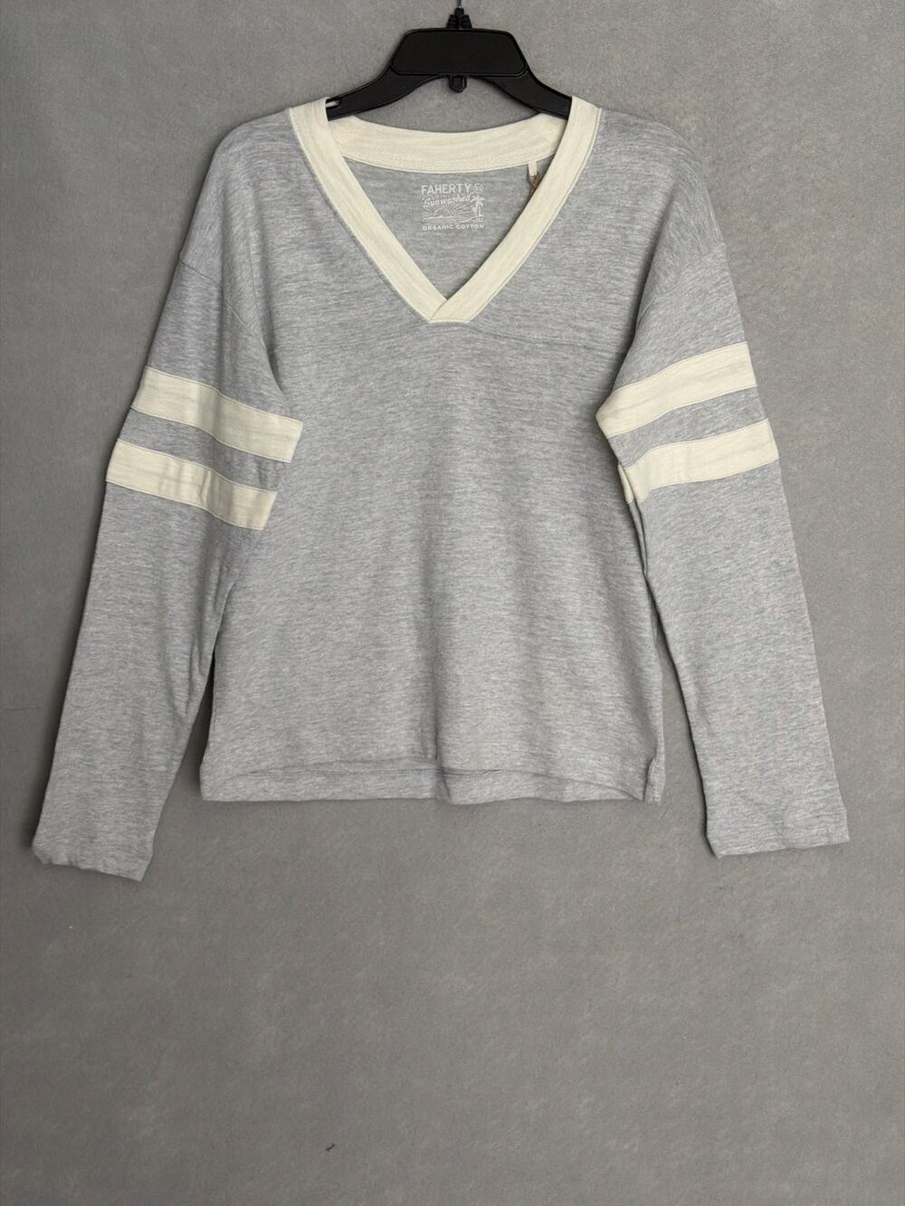 Faherty Sunwashed Slub Varsity T-Shirt V-Neck Long Sleeve Grey Women's XS NEW